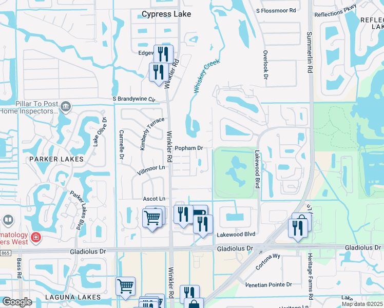 map of restaurants, bars, coffee shops, grocery stores, and more near 7291 Popham Drive in Fort Myers
