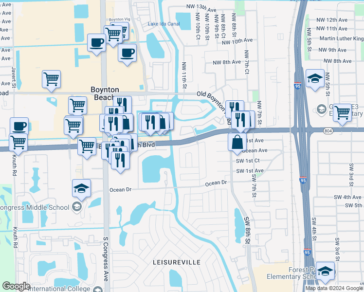 map of restaurants, bars, coffee shops, grocery stores, and more near 1105 Leisure Lane in Boynton Beach