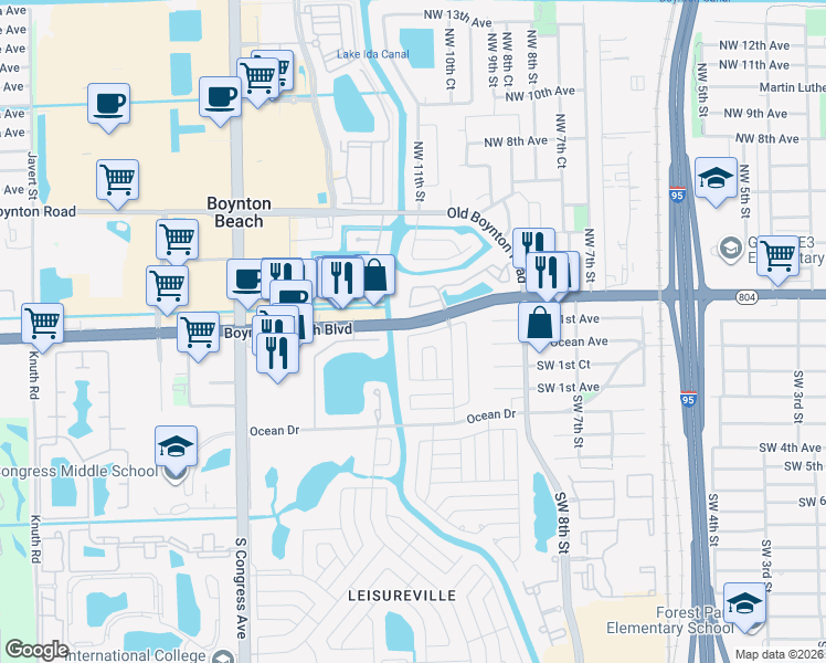 map of restaurants, bars, coffee shops, grocery stores, and more near 1105 Leisure Lane in Boynton Beach