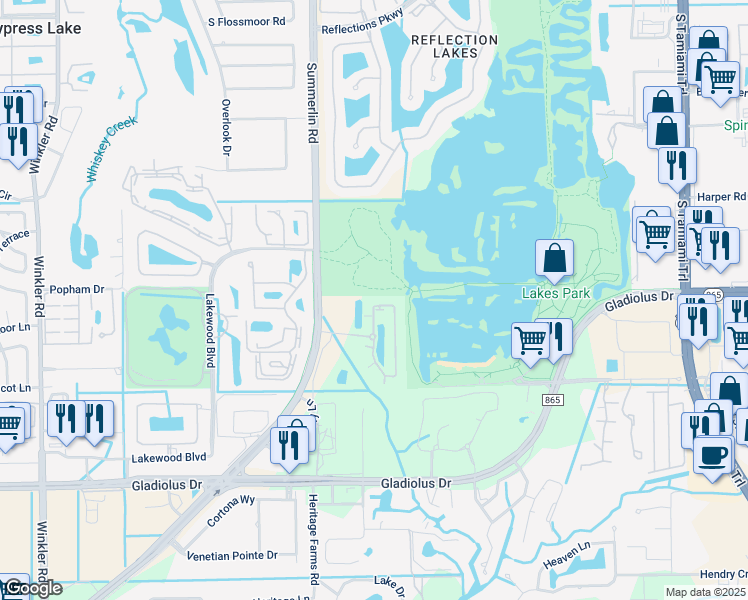 map of restaurants, bars, coffee shops, grocery stores, and more near 14821 Reflection Key Circle in Fort Myers