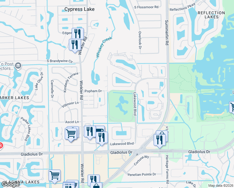 map of restaurants, bars, coffee shops, grocery stores, and more near 14961 Hole in 1 Circle in Fort Myers