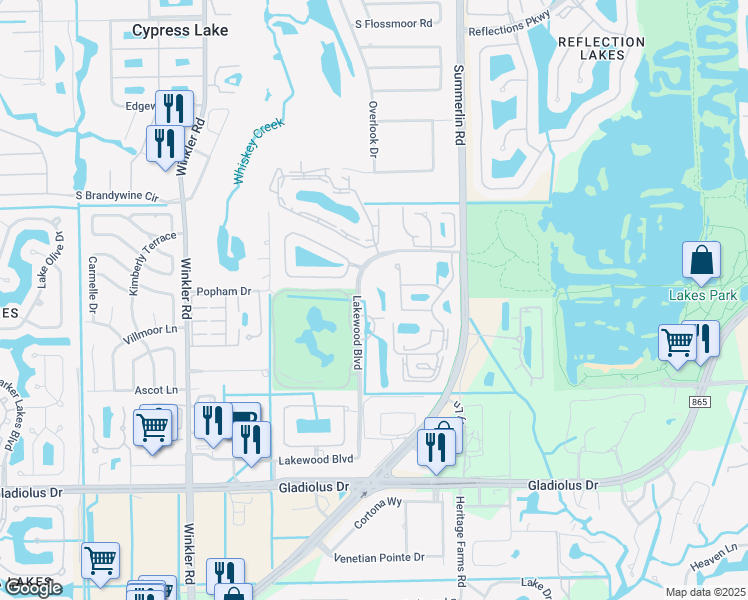 map of restaurants, bars, coffee shops, grocery stores, and more near 14831 Park Lake Drive in Fort Myers