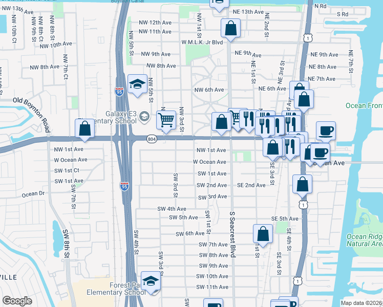 map of restaurants, bars, coffee shops, grocery stores, and more near 306 Northwest 1st Avenue in Boynton Beach