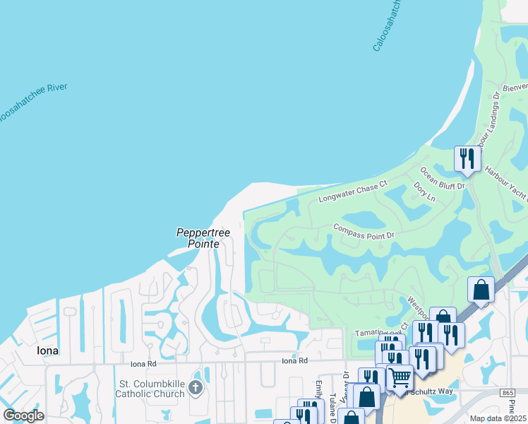 map of restaurants, bars, coffee shops, grocery stores, and more near 11620 Court of Palms in Fort Myers