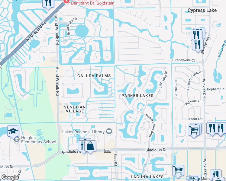 map of restaurants, bars, coffee shops, grocery stores, and more near 14727 Calusa Palms Drive in Fort Myers