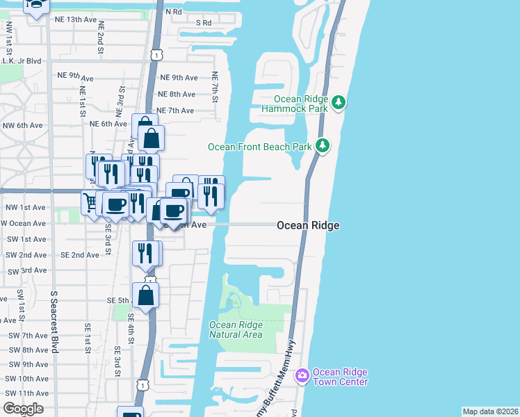 map of restaurants, bars, coffee shops, grocery stores, and more near 66 East Ocean Avenue in Ocean Ridge