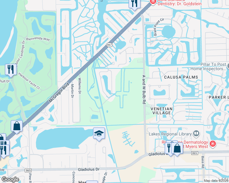 map of restaurants, bars, coffee shops, grocery stores, and more near 14537 Abaco Lakes Drive in Fort Myers