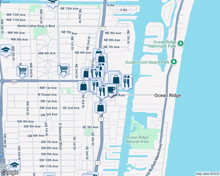 map of restaurants, bars, coffee shops, grocery stores, and more near 105 Northeast 6th Street in Boynton Beach