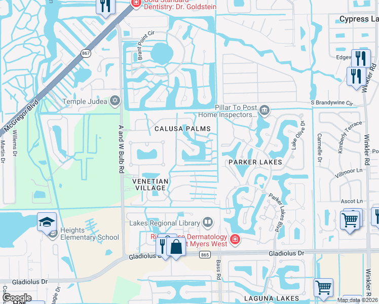 map of restaurants, bars, coffee shops, grocery stores, and more near 9519 Lassen Court in Fort Myers
