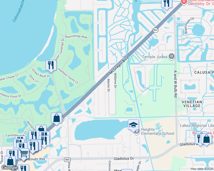 map of restaurants, bars, coffee shops, grocery stores, and more near 14749 Kimberly Lane in Fort Myers