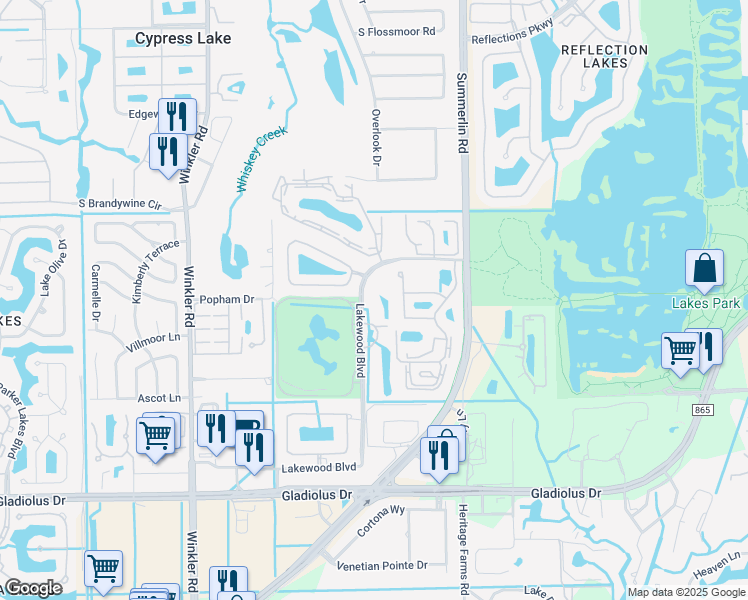 map of restaurants, bars, coffee shops, grocery stores, and more near 14831 Park Lake Drive in Fort Myers