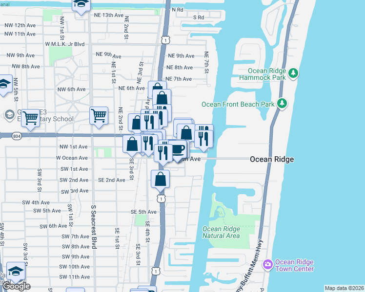 map of restaurants, bars, coffee shops, grocery stores, and more near 100 Northeast 6th Street in Boynton Beach