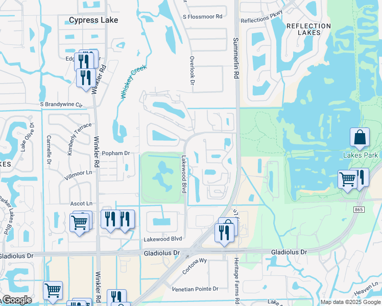 map of restaurants, bars, coffee shops, grocery stores, and more near 14831 Park Lake Drive in Fort Myers