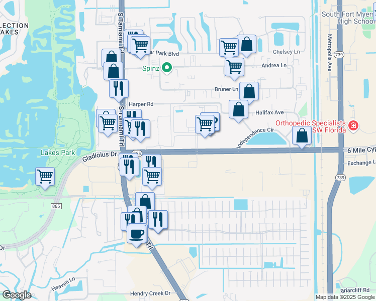 map of restaurants, bars, coffee shops, grocery stores, and more near 14801 6 Mile Cypress Parkway in Fort Myers