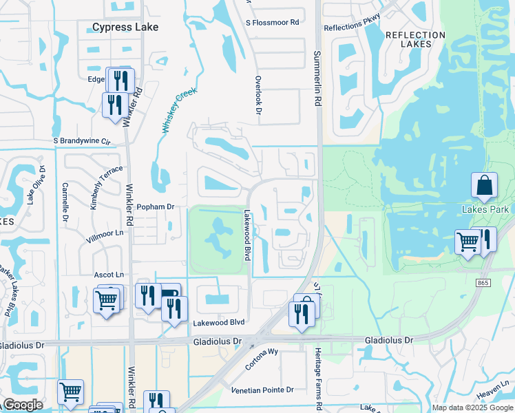map of restaurants, bars, coffee shops, grocery stores, and more near 14831 Park Lake Drive in Fort Myers