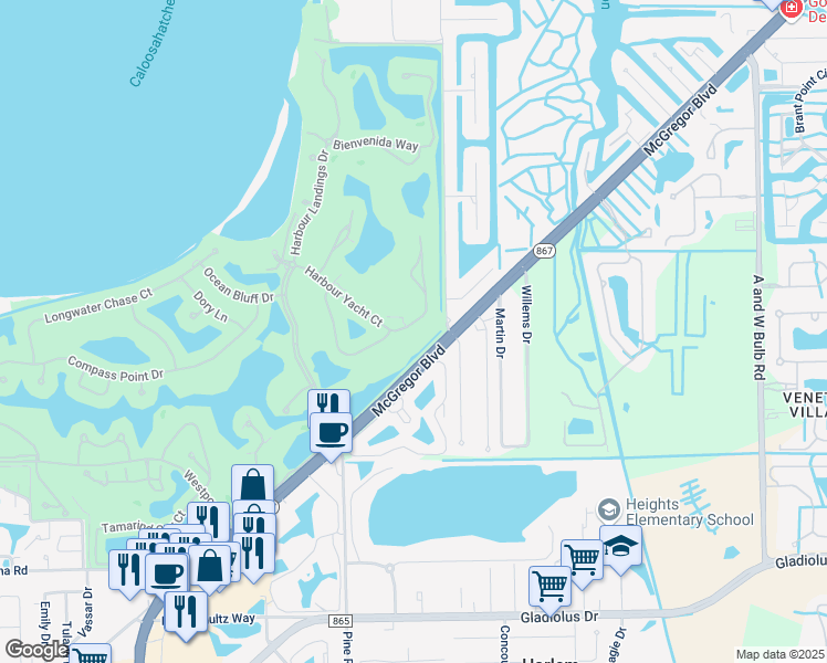 map of restaurants, bars, coffee shops, grocery stores, and more near 11101 Harbour Estates Circle in Fort Myers