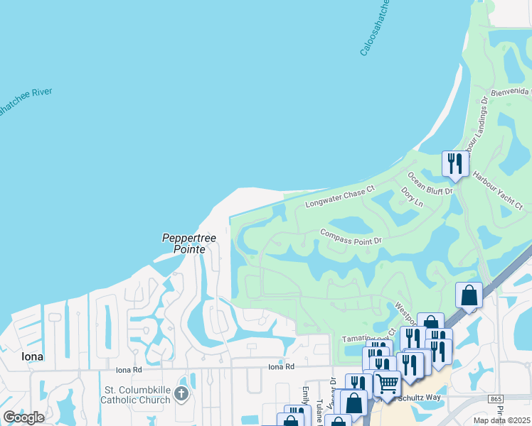 map of restaurants, bars, coffee shops, grocery stores, and more near 11590 Compass Point Drive in Fort Myers