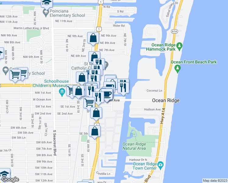 map of restaurants, bars, coffee shops, grocery stores, and more near Casa Loma Boulevard in Boynton Beach