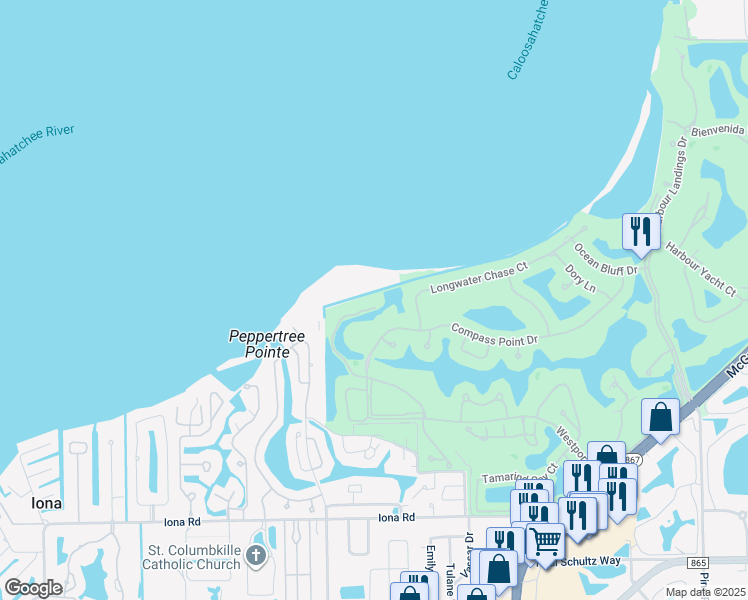 map of restaurants, bars, coffee shops, grocery stores, and more near 11590 Compass Point Drive in Fort Myers