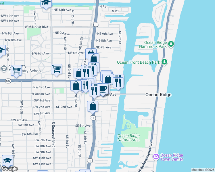 map of restaurants, bars, coffee shops, grocery stores, and more near 100 Northeast 6th Street in Boynton Beach