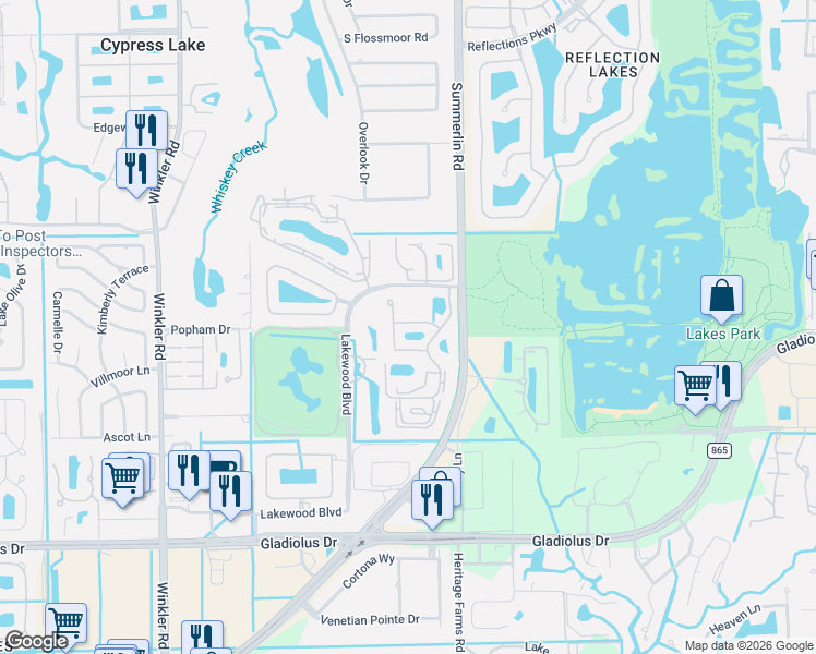 map of restaurants, bars, coffee shops, grocery stores, and more near 14675 Summer Rose Way in Fort Myers