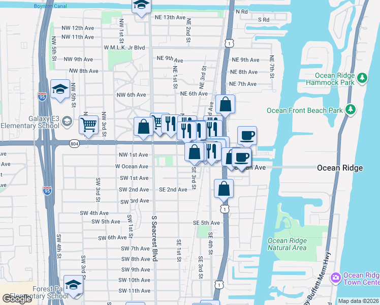 map of restaurants, bars, coffee shops, grocery stores, and more near 305 East Ocean Avenue in Boynton Beach