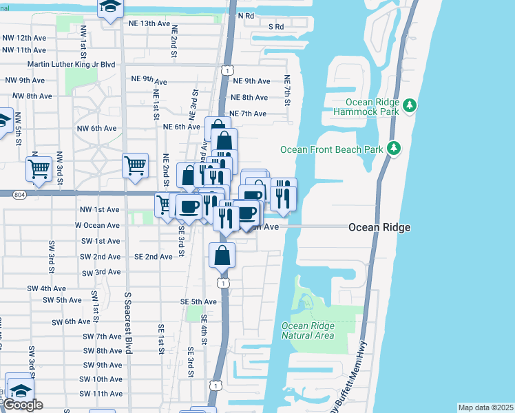 map of restaurants, bars, coffee shops, grocery stores, and more near 105 Northeast 6th Street in Boynton Beach