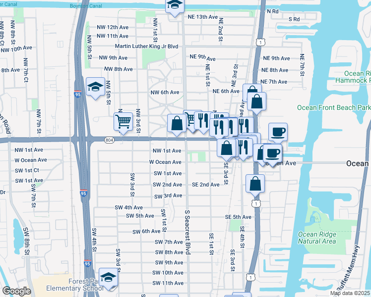 map of restaurants, bars, coffee shops, grocery stores, and more near in Boynton Beach