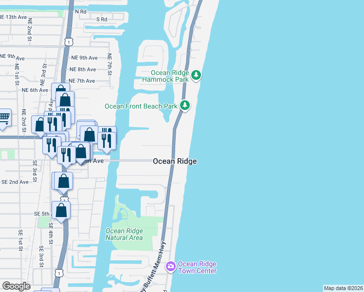 map of restaurants, bars, coffee shops, grocery stores, and more near 6301 North Ocean Boulevard in Ocean Ridge