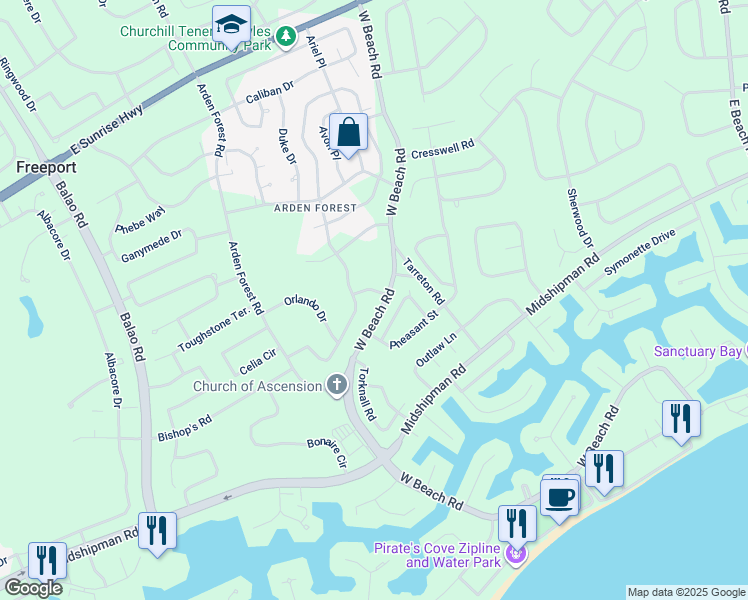 map of restaurants, bars, coffee shops, grocery stores, and more near in Freeport