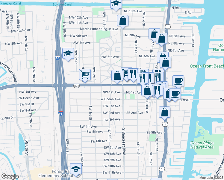 map of restaurants, bars, coffee shops, grocery stores, and more near 126w West Boynton Beach Boulevard in Boynton Beach