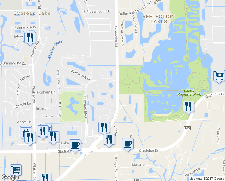 map of restaurants, bars, coffee shops, grocery stores, and more near 14750 Summerlin Woods Drive in Fort Myers