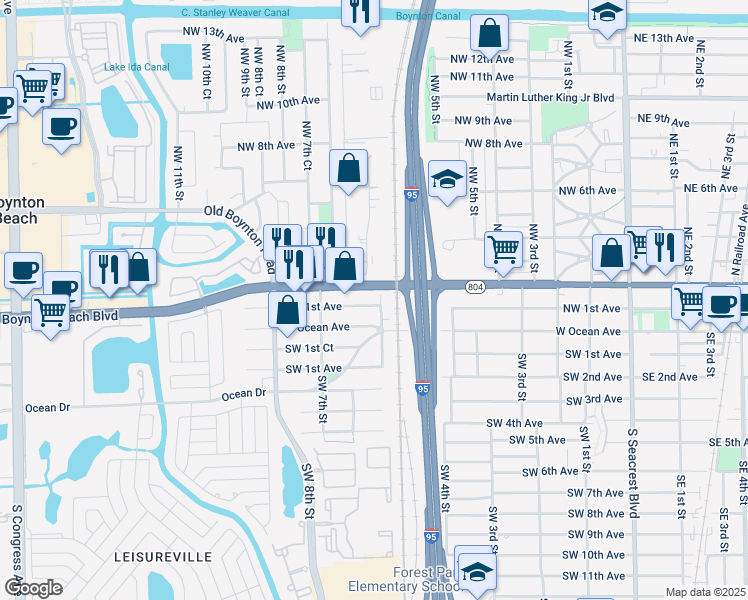 map of restaurants, bars, coffee shops, grocery stores, and more near 603 Northwest 1st Avenue in Boynton Beach