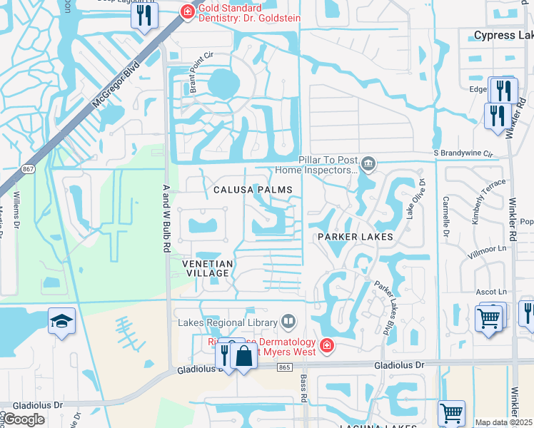 map of restaurants, bars, coffee shops, grocery stores, and more near 9530 Lassen Court in Fort Myers
