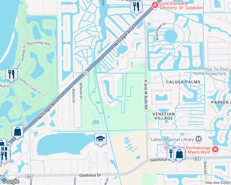 map of restaurants, bars, coffee shops, grocery stores, and more near 14519 Abaco Lakes Drive in Fort Myers