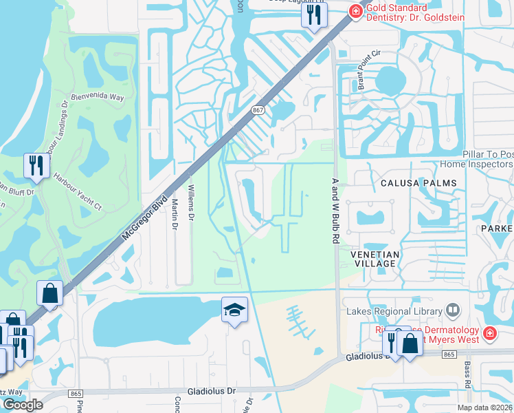 map of restaurants, bars, coffee shops, grocery stores, and more near 14519 Abaco Lakes Drive in Fort Myers