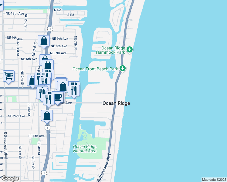 map of restaurants, bars, coffee shops, grocery stores, and more near 6400 North Ocean Boulevard in Boynton Beach