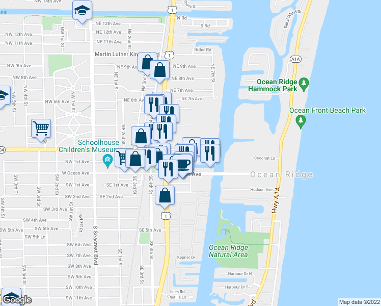 map of restaurants, bars, coffee shops, grocery stores, and more near 320 North Federal Highway in Boynton Beach