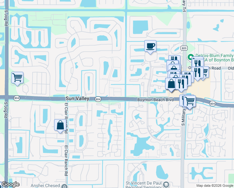 map of restaurants, bars, coffee shops, grocery stores, and more near 5550 Boynton Gardens Drive in Boynton Beach
