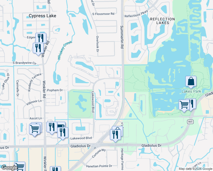 map of restaurants, bars, coffee shops, grocery stores, and more near 14611 Summer Rose Way in Fort Myers