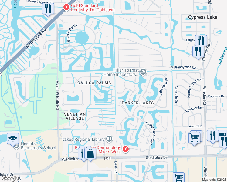 map of restaurants, bars, coffee shops, grocery stores, and more near 14738 Calusa Palms Drive in Fort Myers