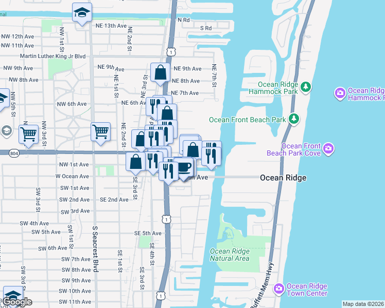 map of restaurants, bars, coffee shops, grocery stores, and more near 320 North Federal Highway in Boynton Beach