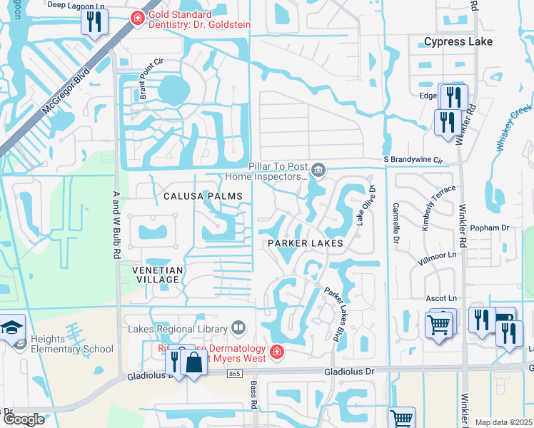 map of restaurants, bars, coffee shops, grocery stores, and more near 9340 Alamander Court in Fort Myers