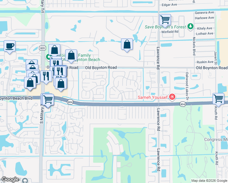 map of restaurants, bars, coffee shops, grocery stores, and more near 4380 Cedar Tree Place in Boynton Beach