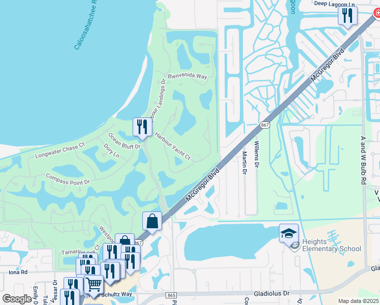 map of restaurants, bars, coffee shops, grocery stores, and more near 11100 Harbour Yacht Court in Fort Myers