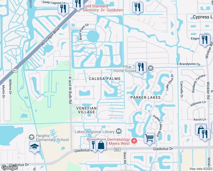 map of restaurants, bars, coffee shops, grocery stores, and more near 9562 Lassen Court in Fort Myers