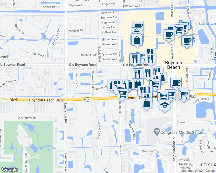 map of restaurants, bars, coffee shops, grocery stores, and more near 3743 Silver Lace Lane in Boynton Beach