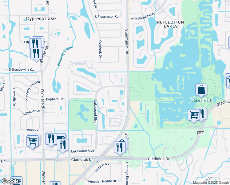 map of restaurants, bars, coffee shops, grocery stores, and more near 14611 Summer Rose Way in Fort Myers