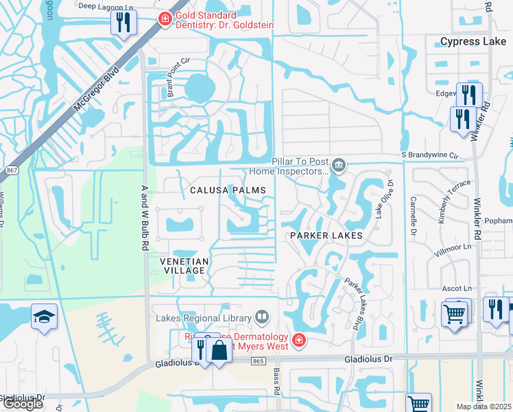 map of restaurants, bars, coffee shops, grocery stores, and more near 9530 Lassen Court in Fort Myers