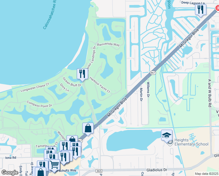 map of restaurants, bars, coffee shops, grocery stores, and more near 11100 Harbour Yacht Court in Fort Myers